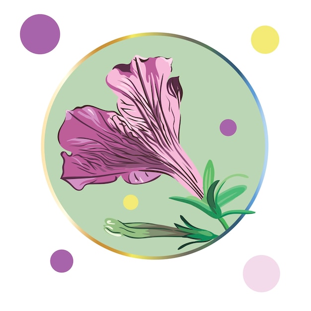 petunia flower framed in circle with colorful dots on background.realistic vector illustration