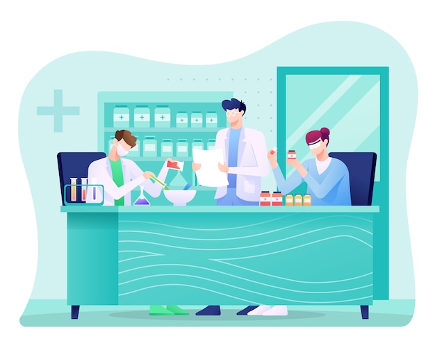 Vector pharmaceutical  illustration, scientist doing research in laboratory.