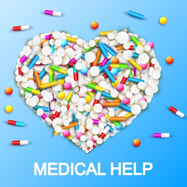 Pharmaceutical medical care template with colorful capsules pills vitamins in heart shape on blue