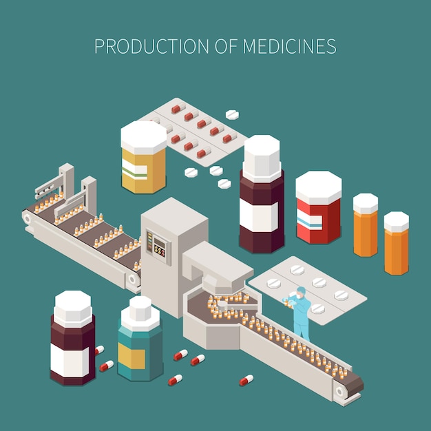 Vettore concetto di produzione farmaceutica con simboli di medicina e trattamento isometrici