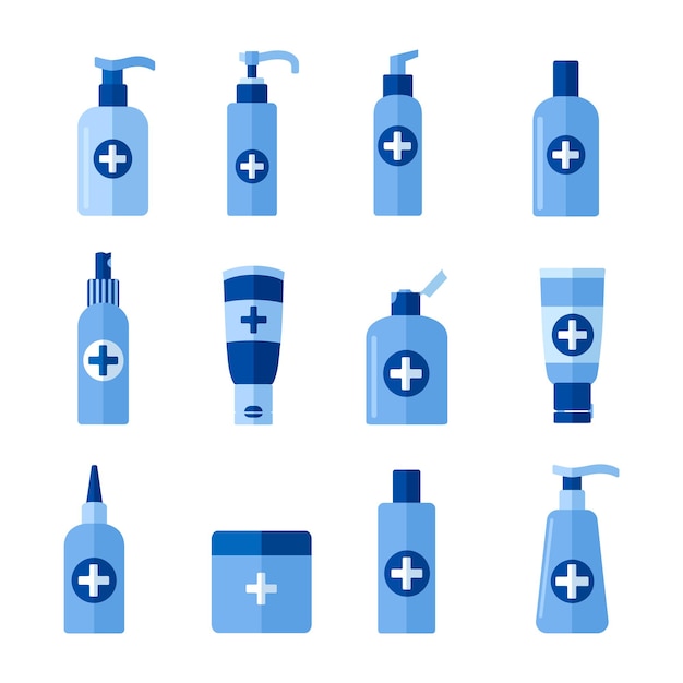 pharmaceutical products in jars with dispenser pump set of medical packaging tubes and bottles