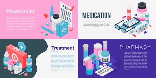 Pharmacist banner set, isometric style