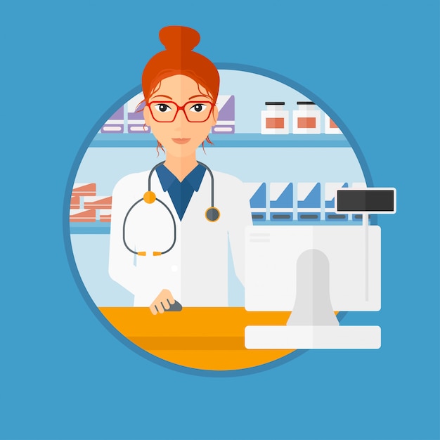 Pharmacist at counter with computer monitor.
