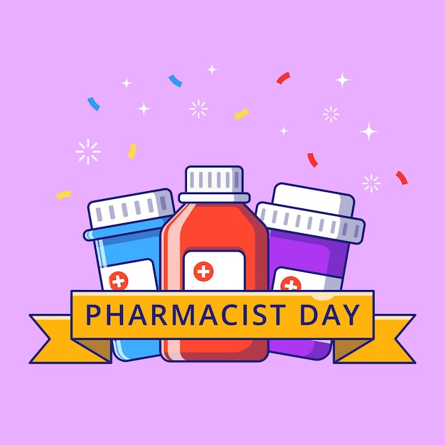 Vector pharmacist day ribbon with medicine bottles