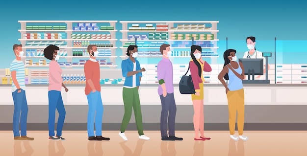 Pharmacist giving pills to customers patients standing line queue pharmacy counter drugstore interior