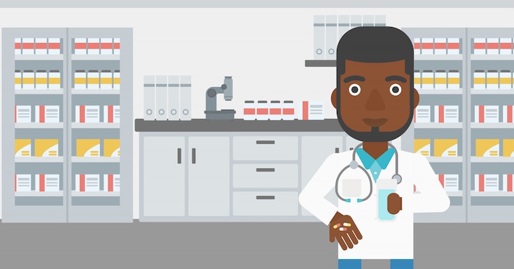 Vector pharmacist giving pills and glass of water.