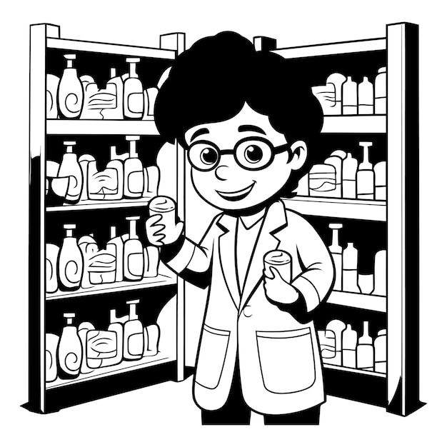 Vector pharmacist in the grocery store black and white vector illustration