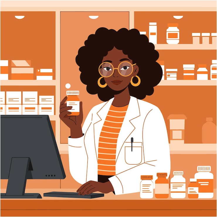 Vector pharmacist holding medication bottle in pharmacy with modern interior design