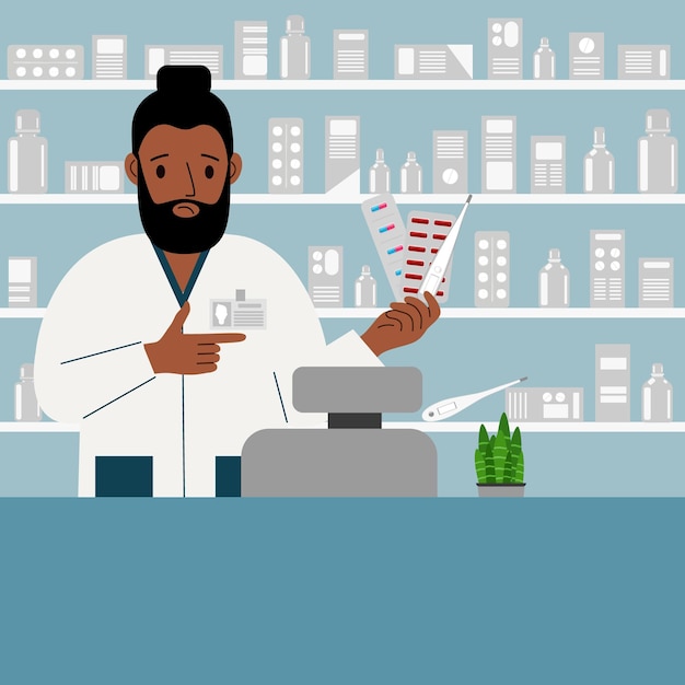 Vector pharmacist at the pharmacy behind the counter a male pharmacist holds medicines in his hand