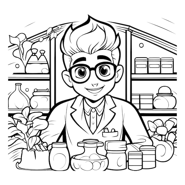 Pharmacist in the store Black and white vector illustration