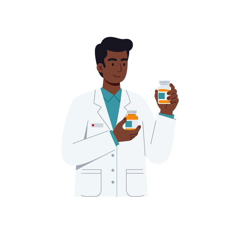 Vector a pharmacist wearing a white coat holds two medicine bottles in a bright cheerful pharmacy setting showcasing a flat vector illustration style with a professional atmosphere