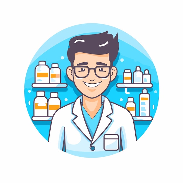 Pharmacist in a white coat and glasses Vector illustration
