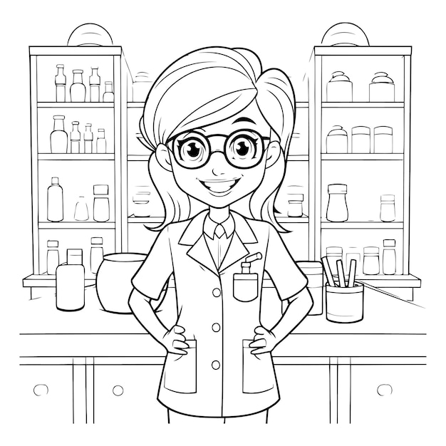 Vector pharmacist woman cartoon in the pharmacy black and white vector illustration