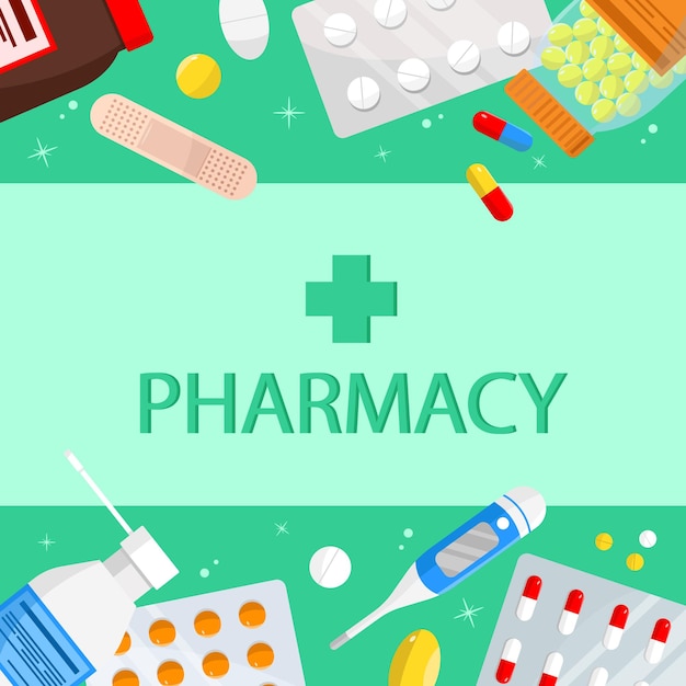 Pharmacy banner with medicines on green background Thermometer pills and other Healthcare