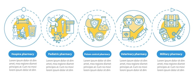 ベクトル 薬局の枝ベクトルインフォグラフィックテンプレート。ビジネスプレゼンテーションのデザイン要素。 5つのステップとオプションによるデータの視覚化。タイムラインチャートを処理します。線形アイコンのワークフローレイアウト