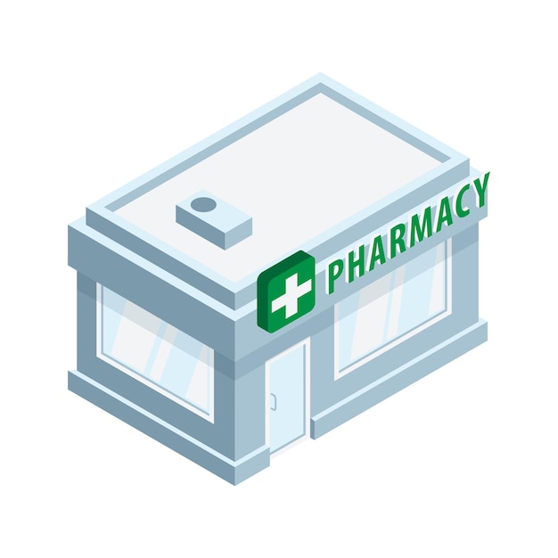 Pharmacy building exterior with green sign isometric illustration on white