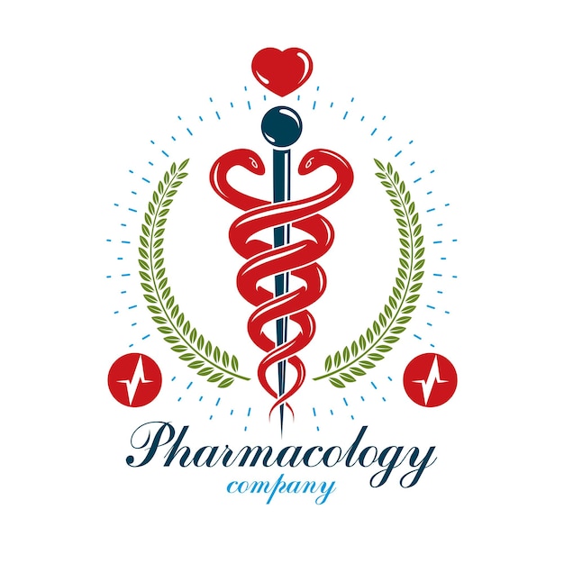 Vettore iconica della farmacia caduceus, logo medico creato con la forma del cuore e il simbolo della tabella dell'elettrocardiogramma. emblema della clinica di diagnosi cardiologica per uso in medicina e riabilitazione.