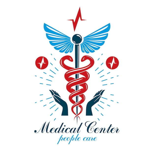Векторная икона аптеки Кадуцей, медицинский корпоративный логотип для использования в реабилитационном или фармакологическом бизнесе.