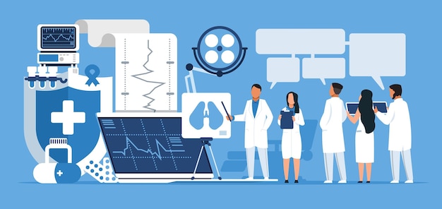 pharmacy concept. trendy cartoon abstract characters doctors and nurses with medicine education