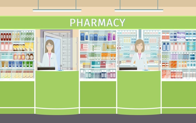 Interior design della farmacia con due personaggi femminili farmacisti ai banchi. farmacia con vetrine con medicinali