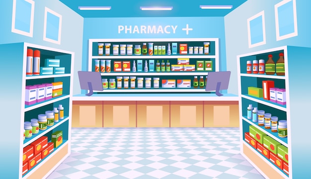 Vector pharmacy  interior with shelves of pills.