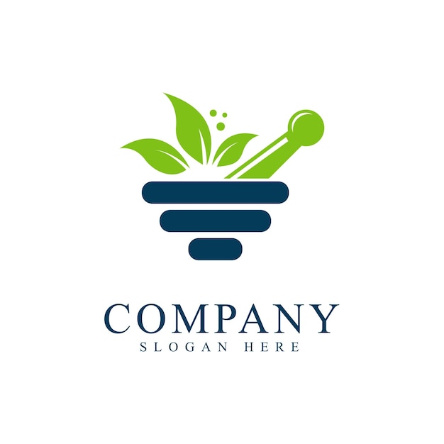 Pharmacy logo icon embedded with mortar and pestle design and green nature leaf