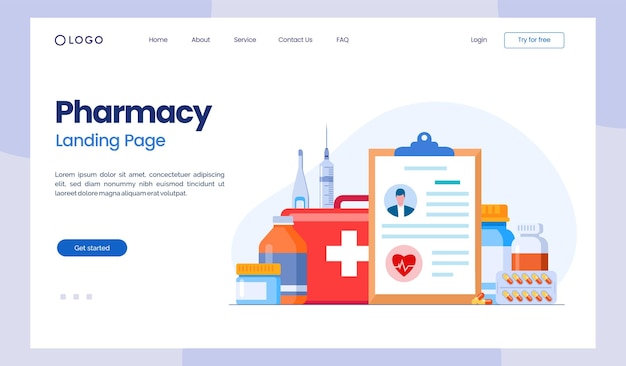 Banner di illustrazione vettoriale piatta della medicina dei farmaci della farmacia e pagina di destinazione dello sfondo