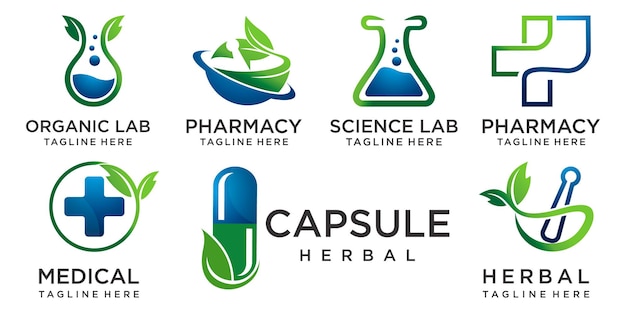 Logo medico della farmacia con combinazione di farmaci lab e icona foglia modello di progettazione del logo set