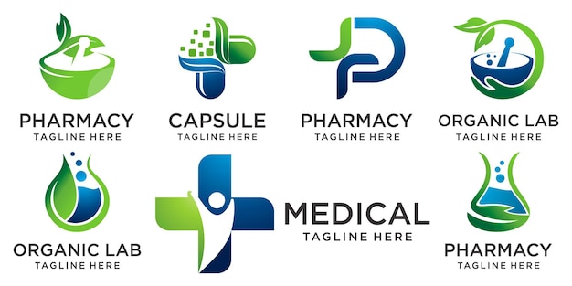 Vettore icona della farmacia e della natura medica imposta logo design