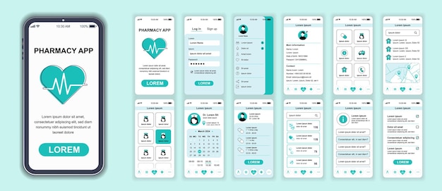 Vector pharmacy mobile app interface screens template set account login clinic services visit doctor calendar medicines shop ordering pack of ui ux gui kit for application web layout vector design