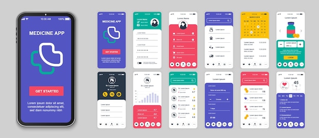 Web テンプレート用に設定された薬局モバイル アプリ画面 ログイン医薬品サービスのパック オンライン診断処方箋およびその他のモックアップ レイアウト用の ui ux gui ユーザー インターフェイス キット ベクター デザイン