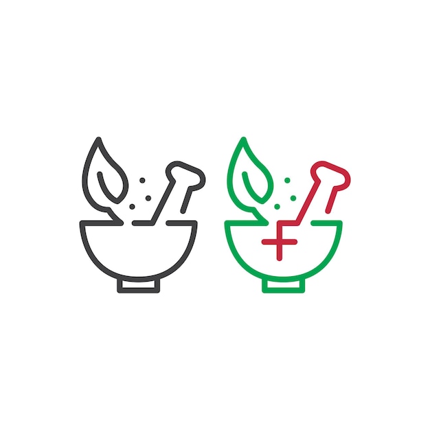 Pharmacy mortar pestle with leaf Vector outline icon logo template