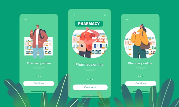 약국 온라인 모바일 앱 페이지 온보드 화면 템플릿 문자 약국에서 구매 고객은 약을 선택합니다