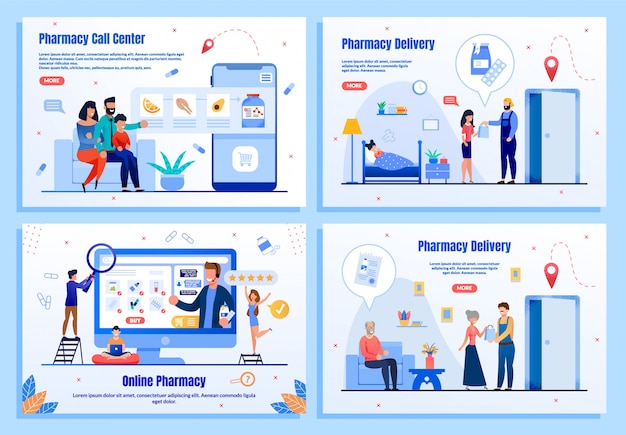 Vector pharmacy online services flat webpage set