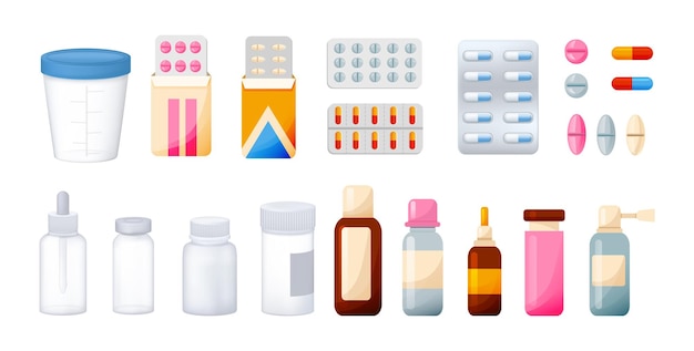 Вектор Аптечный фармацевтический набор из пустой прозрачной 3d-упаковки для лекарств