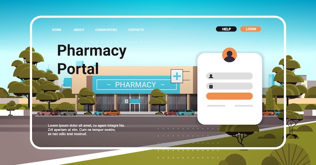 Modello di pagina di destinazione del sito web del portale della farmacia acquistare farmaci e farmaci online concetto di sito di e-commerce orizzontale copia spazio illustrazione vettoriale