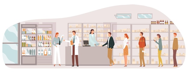 Pharmacy queue people medical health services medicine woman salesman drug shelf design cartoon style vector illustration