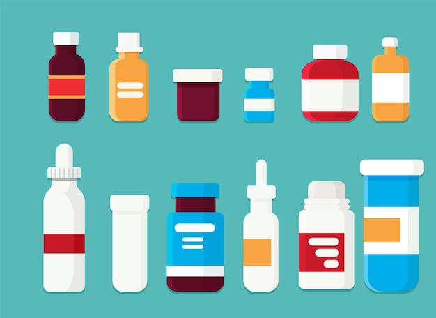 Vector pharmacy set items medicines medical products vector illustration in flat cartoon style