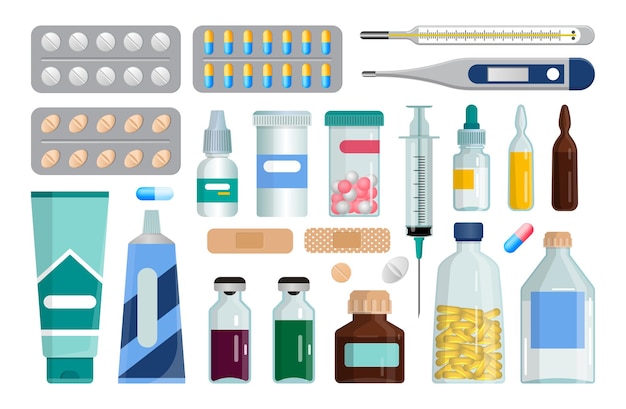 pharmacy set medical drugs in bottle and blister medication pharmaceutics prescription hospital analgesic doctors pill vaccine and vial vitamin capsules vector flat current set