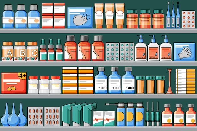 Vector pharmacy shelves with medical medicines