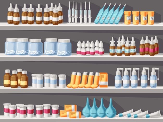 Pharmacy shelves with medicines pharmaceuticals medicine bottles drugs and pills on shelf cartoon vector illustration