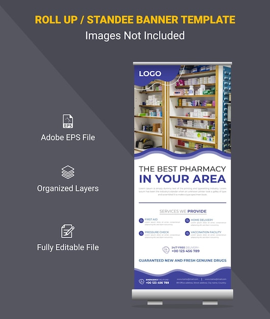 Pharmacy shop roll up banner or standing banner design template