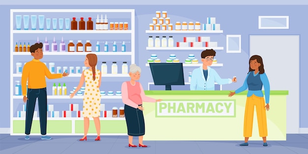 Pharmacy shop with customers pharmacist consulting patient People buying drugs drugstore with medicine on shelves vector illustration