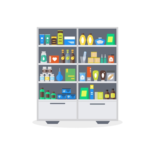 Pharmacy showcase or shop shelves. storage and sale of drugs, tablets pills bottles flat style.