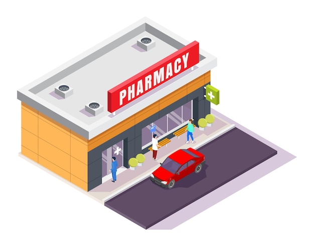 Pharmacy store facade isometric vector illustration isolated on white background Drugstore building with pharmacy signboard and characters