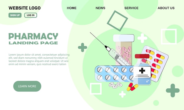 Pharmacy store landing page with drugs image in doodle style