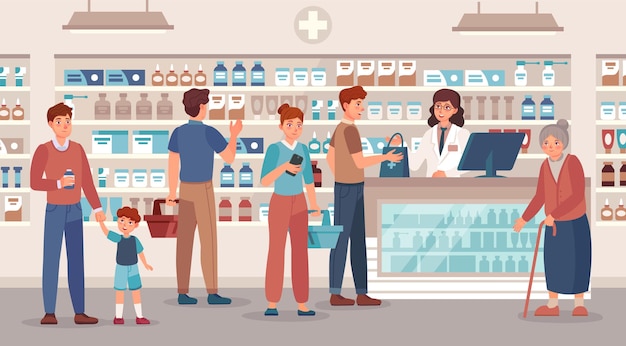 Vector pharmacy store. pharmacist sells various medications people, medical consultation and buying medication in drugstore vector illustration. old woman, man and woman with basket buy pills