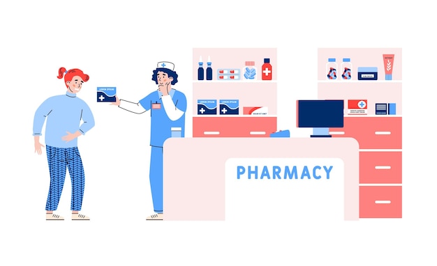 Pharmacy store with pharmacist or apothecary cartoon vector illustration