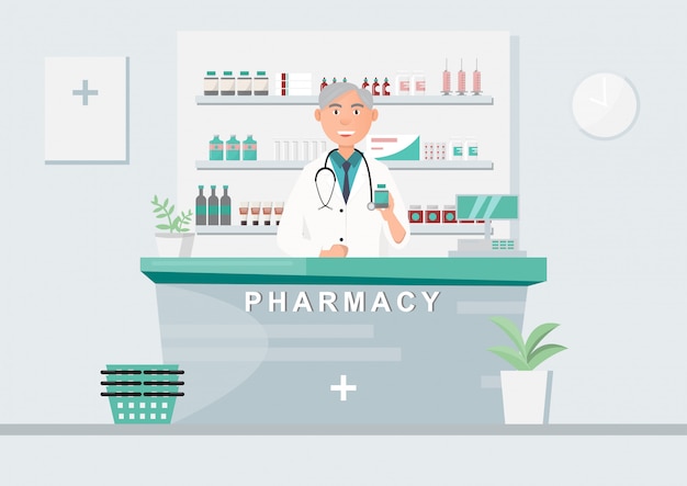 Vector pharmacy with doctor in counter