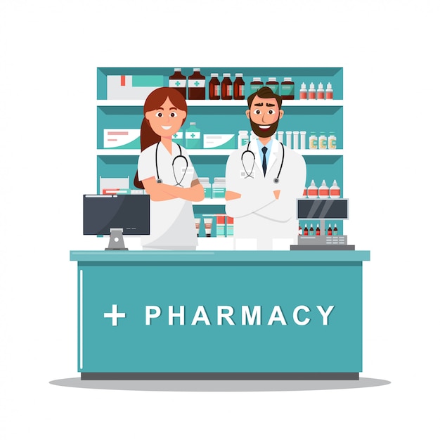 Pharmacy with doctor and nurse in counter